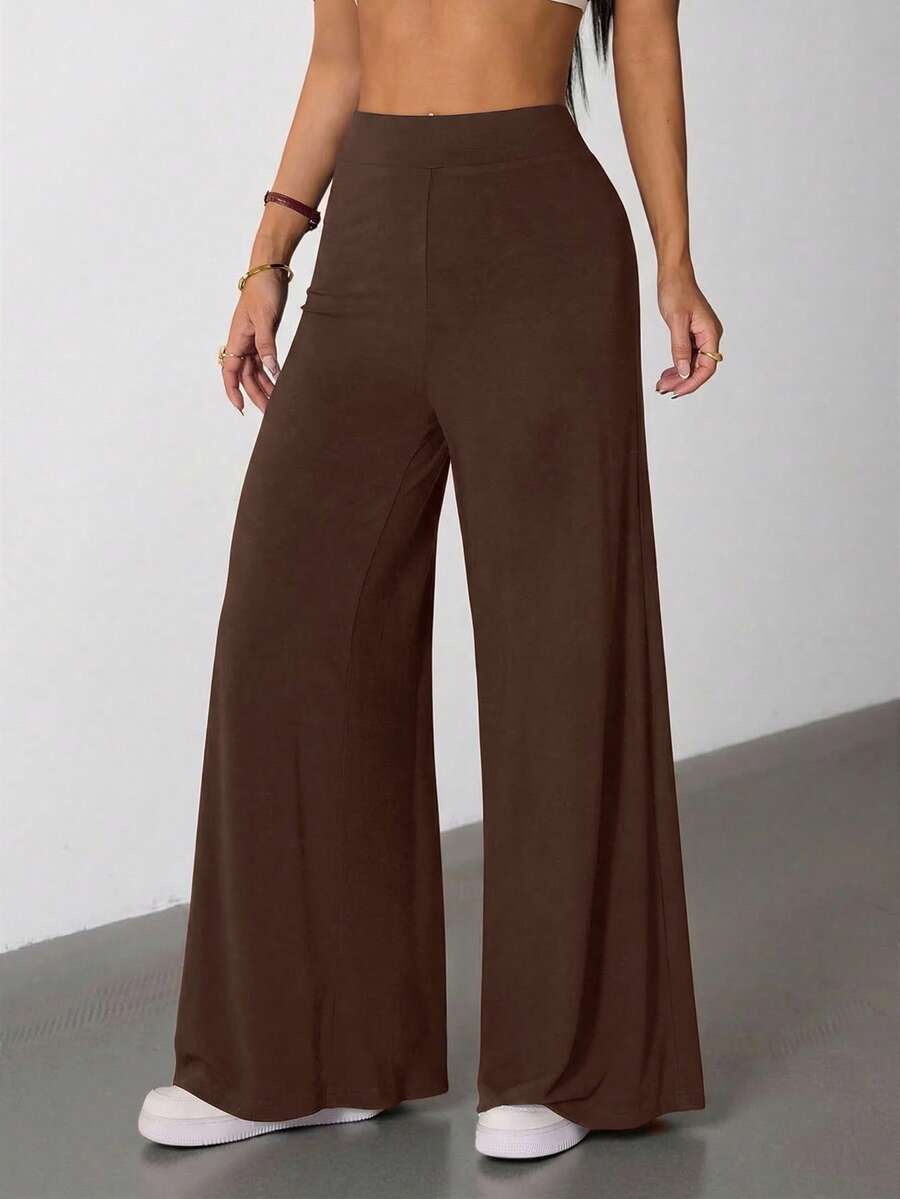 SHEIN PETITE Women's High Elastic Wide Leg Black Trousers - Brown - View 1