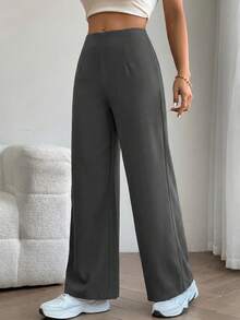 SHEIN PETITE Women's Solid Color Casual Versatile Daily Wear Pants - Grey - View 5