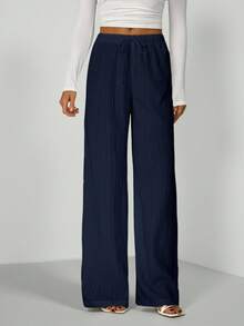 SHEIN Tall Quần ống rộng cạp chun, chất liệu vải nhăn có họa tiết. - Màu xanh hải quân - Xem 4