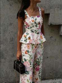 DAZY Women's Elegant Floral Print Square Neck Sleeveless Belted Vest And Wide Leg Pants 2-Piece Set, Summer Spring,Wedding Guest Women Boho - Apricot - View 9