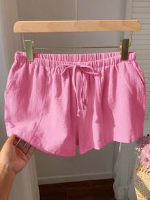 Comfortcana Pantalones cortos de mujer casuales y sueltos con cordón, pantalones cortos de lino versátiles para uso diario en color rosa rojo - Rosa Fucsia - Ver 3