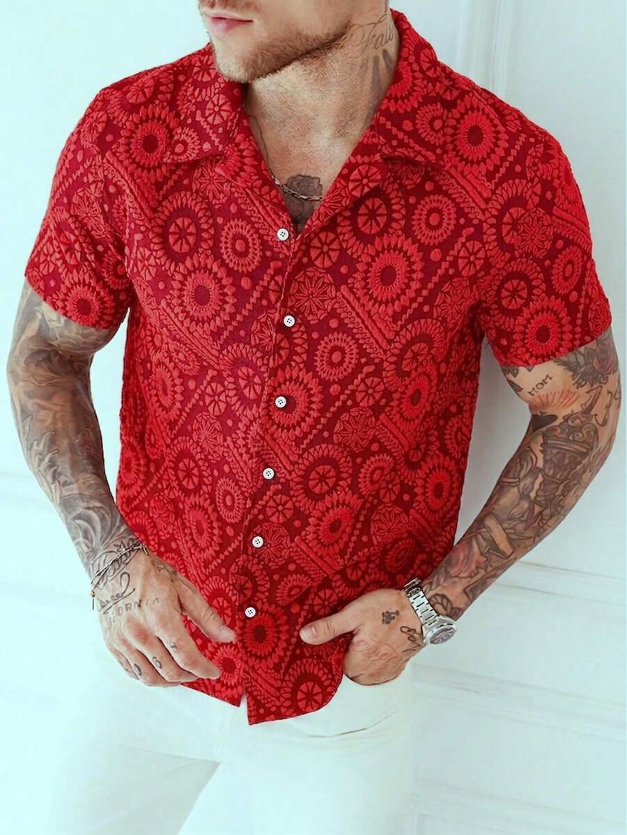 Manfinity Homme 男士夏季休闲短袖衬衫 - 紅色 - 查看 1
