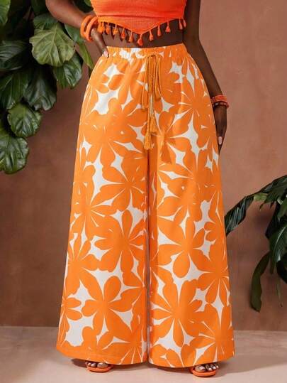 Slaydiva Spring/Summer New Plus Size Women's Full-Length Wide Leg Pants/Bohe/Music Festival/Easter/St. Patrick's Day/Western Style/ Nomadic Style/ Birthday Party/ Graduation/Casual Daily Outfit/Vacation/Cruise Travel/Beach/Sunbathing/Valentine's Day/Fashion Influencer Style/Commuting Style/Commuting Style/Summer Floral Patterns