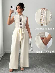 Elenzga 大码女式新款优雅撞色蕾丝阔腿休闲连体裤，适合外出和度假 - 杏色 - 查看 9