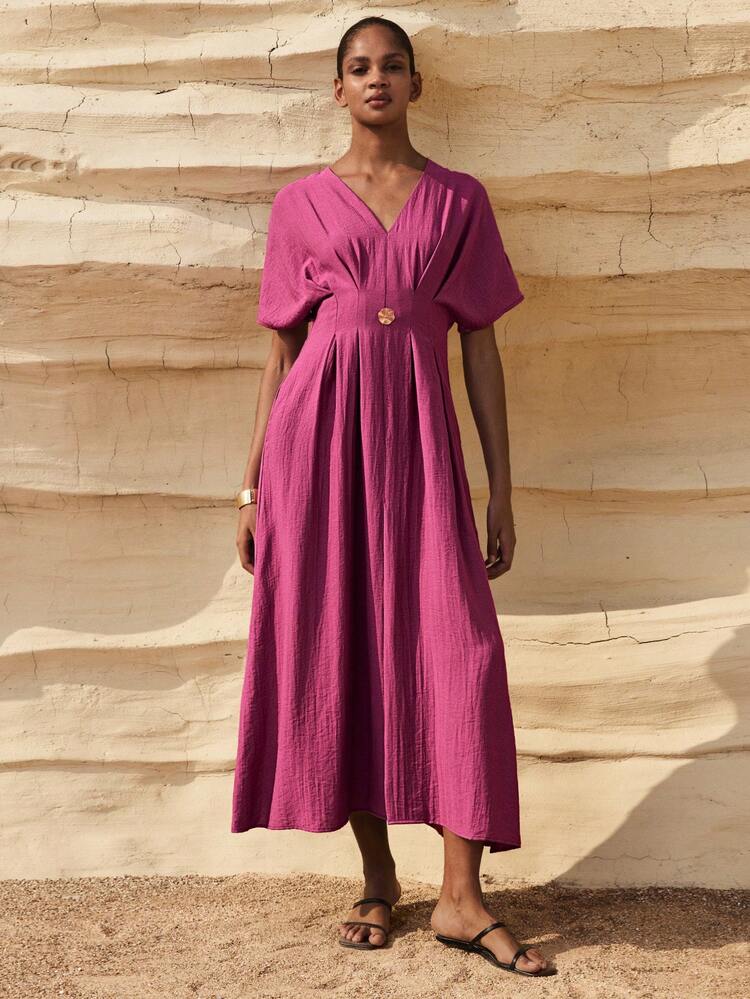 SHEIN Maija Women's Elegant Solid Color Waist Cinched Mid-Length Dress, Summer,Summer Dresses For Women