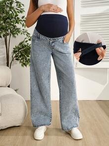 SHEIN 休闲雏菊刺绣浅蓝色阔腿孕妇牛仔裤，春夏款 - 淺色水洗藍 - 查看 1