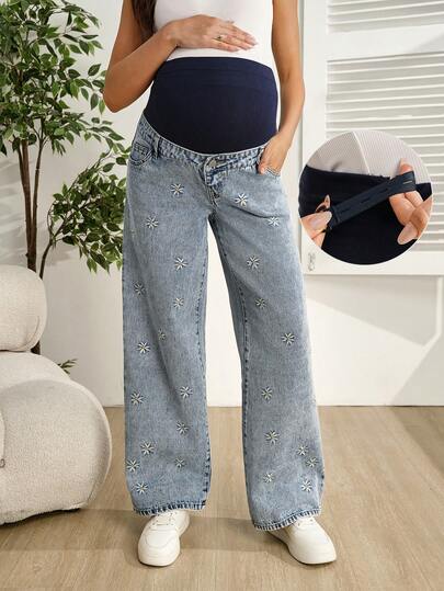 SHEIN Casual Daisy Embroidered Light Blue Wide Leg Maternity Jeans, Spring/Summer