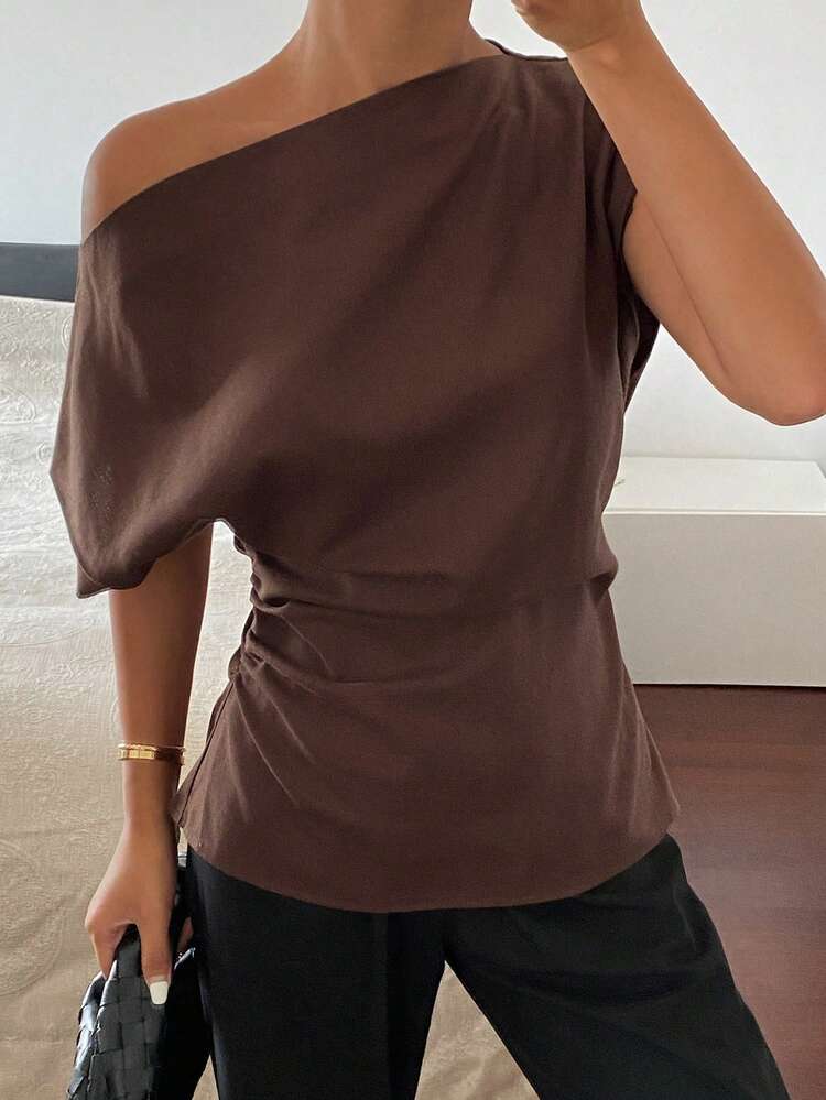 Women's Solid Color Gathered Waist Oblique Shoulder Elegant Formal Summer Blouse