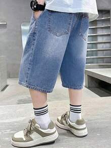 SHEIN Little Byeori Îmbrăcăminte streetwear pentru copii preadolescenti, model mixt, design versatil, modă, bază simplă, albastru, retro, din denim, cu picior larg, pentru băieți, pentru purtare zilnică, haine pentru copii, îmbrăcăminte zilnică pentru copii, ținute rave de primăvară până la vară, ținute de festival și ținute streetwear. - Albastru - Vizualizare 6