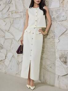 Heiryn New Arrival Elegant Sexy High-End Tweed Sleeveless Top And Skirt 2 Pieces Set Golf Pastal Summer - Apricot - View 3