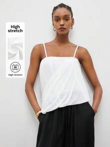 MAIJA Summer Elegant Solid Satin Cowl Neck Slip Cami Top - White - View 2