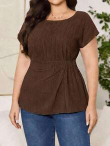 Reflora Plus Size Women Solid Color Round Neck Pleated Casual Versatile Daily Wear Blouse - Brown - View 3