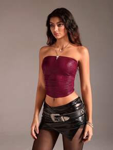 SHEIN PETITE 1 chiếc áo hai dây nữ màu tím đỏ in họa tiết da cá sấu, chất liệu co giãn, kiểu dáng trễ ngực, xếp ly, hở lưng, thích hợp cho các dịp thường ngày như đi dự tiệc, câu lạc bộ, lễ tình nhân, ngày lễ hoặc phong cách hippie. - Màu Đỏ Sâu - Xem 3