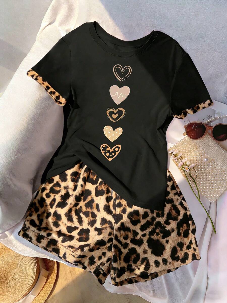 Resyla Bộ áo thun ngắn tay và quần short in hình trái tim và da báo dành cho nữ, thích hợp cho trang phục thường ngày. - Nhiều màu - Xem 1