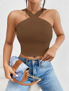 SHEIN Clasi 女士纯色简约无袖背心，休闲日常穿着 - 棕色 - 查看 3