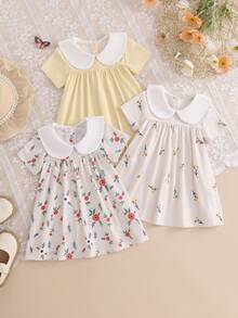 SHEIN Vintaside Kids 3pcs/Set Baby Girl Fresh Cute Floral Patchwork Peter Pan Collar Dress Set, Casual Outdoor Party Social Occasions - Multicolor - View 3