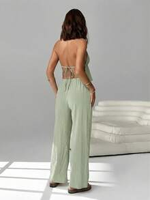 SHEIN EZwear Spring/Summer New Chiffon Women Casual Vacation Beach Outfit, Halter Backless Top And Slant Pocket Wide Leg Pants 2 Pieces Set Two Piece Vacation Set Women Casual Two Piece Set Linen Two Piece Set Summer 2 Piece Sets Woman Beach 2 Piece Set Linen Two Piece Set Women Two Piece Spring Set Vacation Outfits Women 2 Piece Set Green Two Piece Set Women Two Piece Set Casual Vacation Outfits 2 Piece Set Summer 2 Piece Sets For Women - Lime Green - View 2