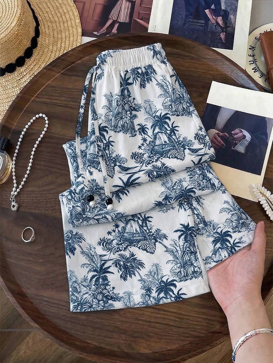GlowEve Women's Casual Vacation Plant Print High Waist Drawstring Loose Straight Leg Pants Women's Beach Outfit Women's Summer Sets Tropical Vacation Woman Clothes - Blue and White - View 1