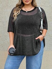 SHEIN CURVE+ 亮片薄纱圆领宽松套头衫，加大码 - 黑色 - 查看 3