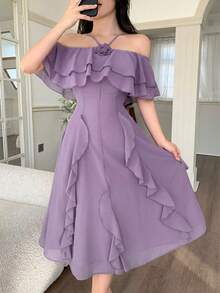 Feyla 女士时尚优雅露肩荷叶边迷你连衣裙 - 淡紫色 - 查看 6