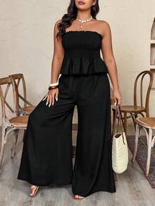 Weeklong Plus Size Women's Spring/Summer Vacation Crinkle Fabric Strapless Ruffle Hem Wide Leg Pants 2 Pieces Set - Black - View 3