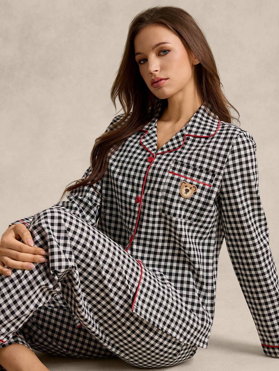 EverLounge Women's Plaid Long Sleeve Pocket Single-Breasted Top And Pants Pajama Set - Grey - View 1