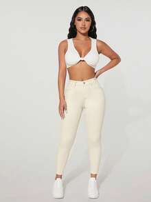 SHEIN PETITE Casual Versatile Solid Color Slim Fit Jeans ,Petite Women - Apricot - View 4