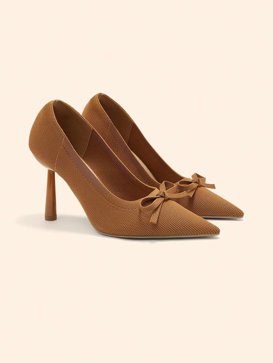 CUCCOO BASICS Women's Shoes Fashionable Brown Bow Pointed Stiletto Shoes Comfortable Fabric Material Suitable For Commuting Dating Parties Parties And Other Occasions To Wear - red brown - View 1