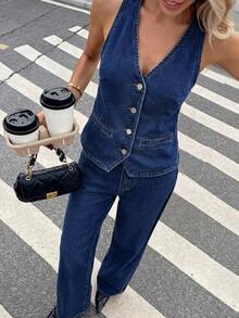 Serisse Women's Single-Breasted Halter Tie Top And Wide Leg Jeans Casual Everyday Denim Set Summer Carnival Costume Commuting Vacation Graduation Chic Y2k Cute Streetwear Party Wedding Elegant Business Casual Woman Business Beach Graduation Easter Fashionable Sleeveless V Neck Jean Top And Loose Fit Denim Trousers Set - Blue - View 4