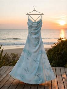 SHEIN Ladiora Đầm satin thanh lịch in hoa, dây mảnh, xẻ tà cao dành cho nữ, thích hợp cho mùa xuân/hè. - Nhiều màu - Xem 1
