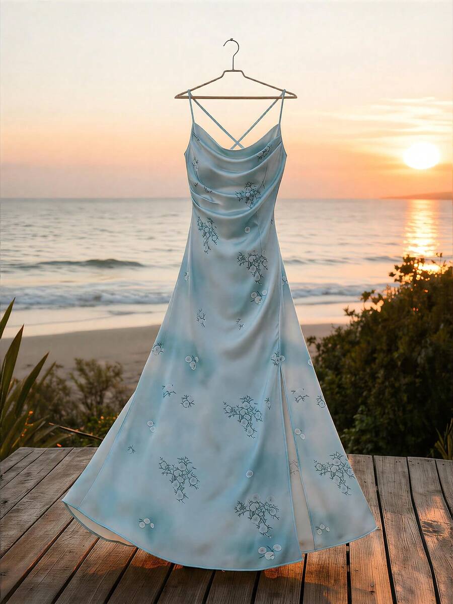 SHEIN Ladiora Đầm satin thanh lịch in hoa, dây mảnh, xẻ tà cao dành cho nữ, thích hợp cho mùa xuân/hè. - Nhiều màu - Xem 1