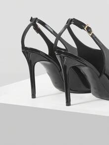 MOTF 2026 NEW PATENT LEATHER SANDALS METAL BUCKLE EMPTY POINTED THIN HEEL WOMEN'S SHOES BLACK POINTED HIGH HEEL SANDALS - Black - View 4