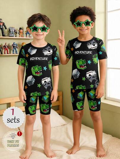 1set Young Boys Pixel Game World & Dinosaur Print Snug Fit Short Sleeve Top And Shorts Pajama Set