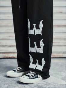 Modcrash 男士时尚街头十字印花宽松直筒运动裤 - 黑色 - 查看 4
