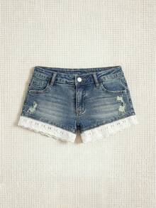 Sweetra Quần short denim nữ có túi, viền ren. - Rửa nhẹ - Xem 5