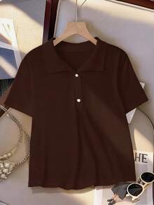 GlowEve CURVE Plus Size LUNE Women Short Sleeve T-Shirt, Casual Color Blocking, Versatile Polo Collar, Suitable For Summer Daily Wear, Sports, Business Commute - Coffee Brown - View 3