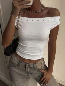 DAZY Women's Off-Shoulder Studded Trim Ribbed T-Shirt Y2k - White - View 11
