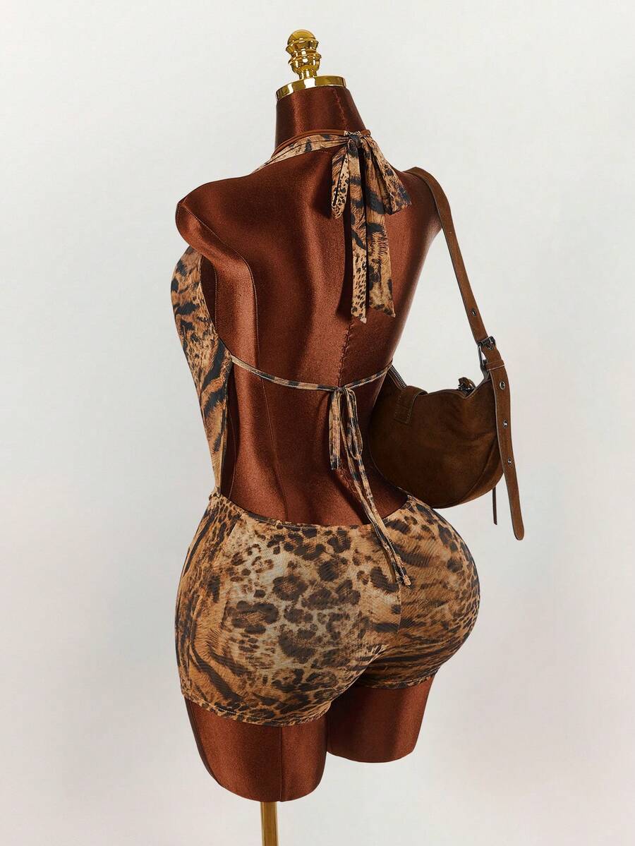 Amplova Boho Style Leopard Print Sexy Low-Cut Bodycon Jumpsuit For Women - Brown - View 1