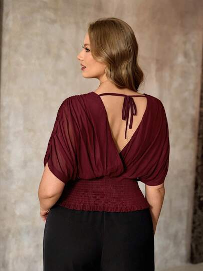 Roveilla Plus Size Women's Mesh Elastic Fabric Crossover Shirred Shoulder Ruched Dropped Shoulder Sleeve Waist Ruched Drawstring Ruffle Hem T-Shirt, Angola Red, Elegant Vacation Beach Outfit, Commute Casual, French Romantic Retro Street Style, Simple Versatile Vintage T-Shirt, Suitable For Afternoon Tea, Valentine's Day, Wedding Season, Spring/Summer New Arrival