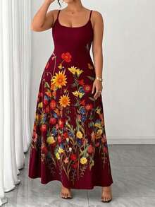 Elenzga Women's Plus Size Burgundy Summer Boho Vacation Holiday Elegant Ditsy Floral Sleeveless Midi Cami Dress,Mexican Beach Sundress Birthday Evening Gown - Burgundy - View 3