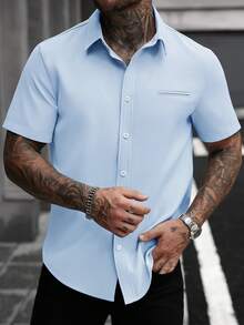 Manfinity Homme Áo sơ mi nam tay ngắn màu trắng, kiểu dáng thường ngày, thích hợp cho công sở. - Màu xanh nhạt - Xem 5
