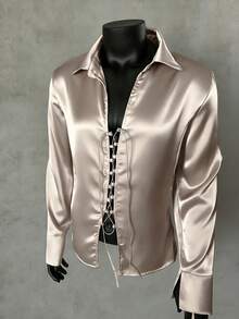 Manfinity Dauomo Camisa de manga larga con cruce frontal minimalista casual para hombres - Caqui - Ver 4