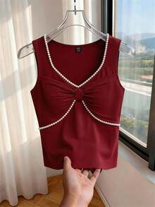 SHEIN Franclia Elegant Sleeveless Burgundy Tank Top For Women Featuring Deep V Neck And Pearl Rhinestone Details - Burgundy - View 3