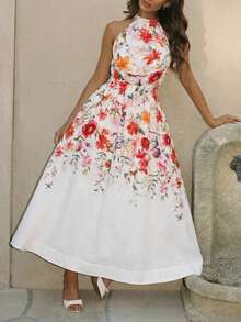 Slaydiva 早春新款、春夏音乐节、情人节、复活节、波西米亚风、游牧风、休闲、简约基础款、邮轮派对、生日派对、日常约会、休闲度假、优雅通勤、小立领、吊带、细肩带、露背A字连衣裙、松紧腰收腰长裙、彩色印花连衣裙、女士长裙 -A - 彩色 - 查看 7