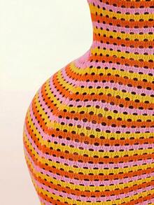 Amplova 女士度假沙滩条纹露背镂空针织连衣裙 - 西瓜粉 - 查看 6