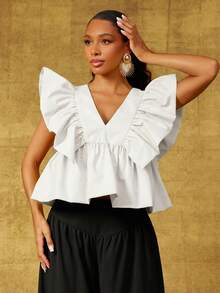 Vixey Solid Woven V Neck Ruffle Petal Sleeve Peplum Hem Top - White - View 4