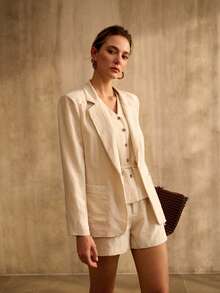 MOTF PREMIUM 女士棉麻休闲西装外套，适合通勤和度假 - 杏色 - 查看 3