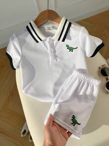SHEIN Baby Boy Summer Cute White Short Sleeve Polo Shirt And Elastic Waist Shorts Set - White - View 7