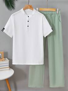 2件套青少年男童休闲街头都市短袖衬衫和裤子套装 - 薄荷綠 - 查看 1