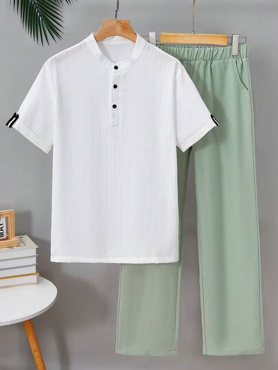 2件套青少年男童休闲街头都市短袖衬衫和裤子套装